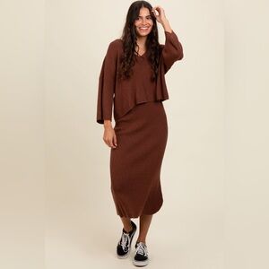 Pink Blush Brown Textured Knit Top And Midi Skirt Set